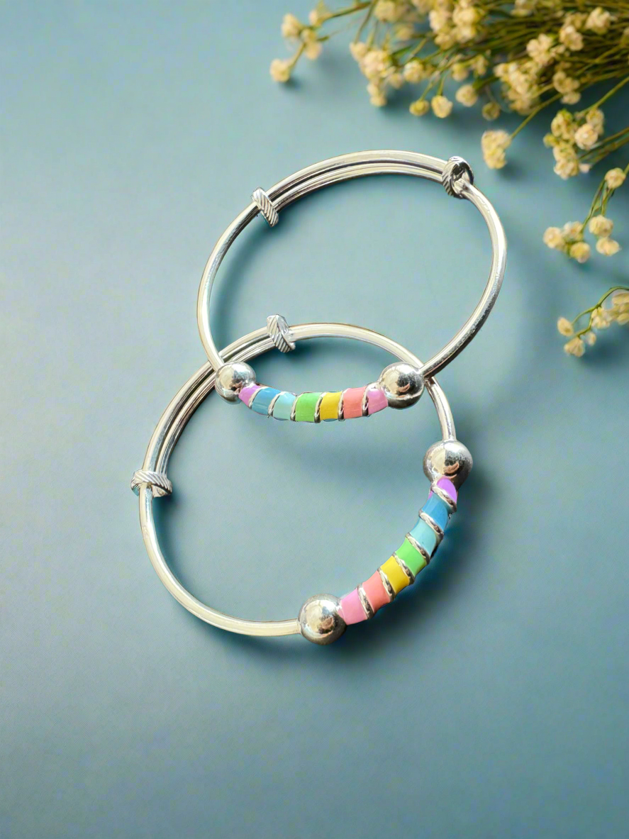 Silver Flexible Size Rainbow Bangles Set for Kids