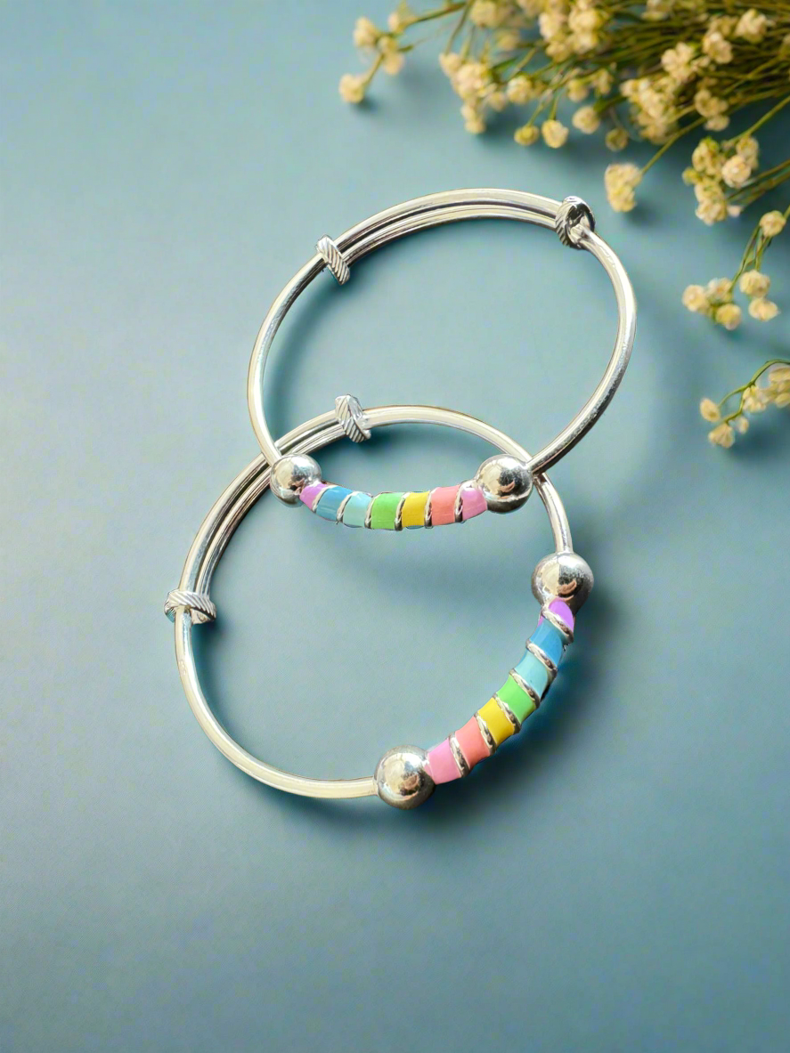 92.5 Silver Flexible Size Rainbow Bangles Set for Kids