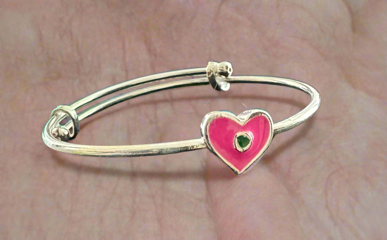 Silver Pink Heart Flexible Size Bracelet for Kids