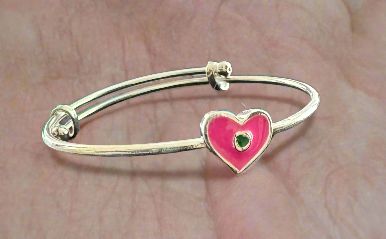 92.5 Silver Pink Heart Flexible Size Bracelet for Kids
