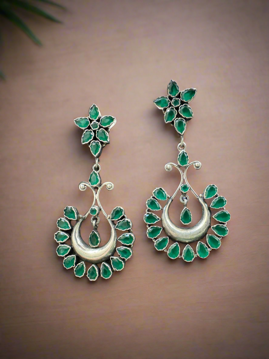 Silver Green Stones 92.5 Silver Hanging Earrings