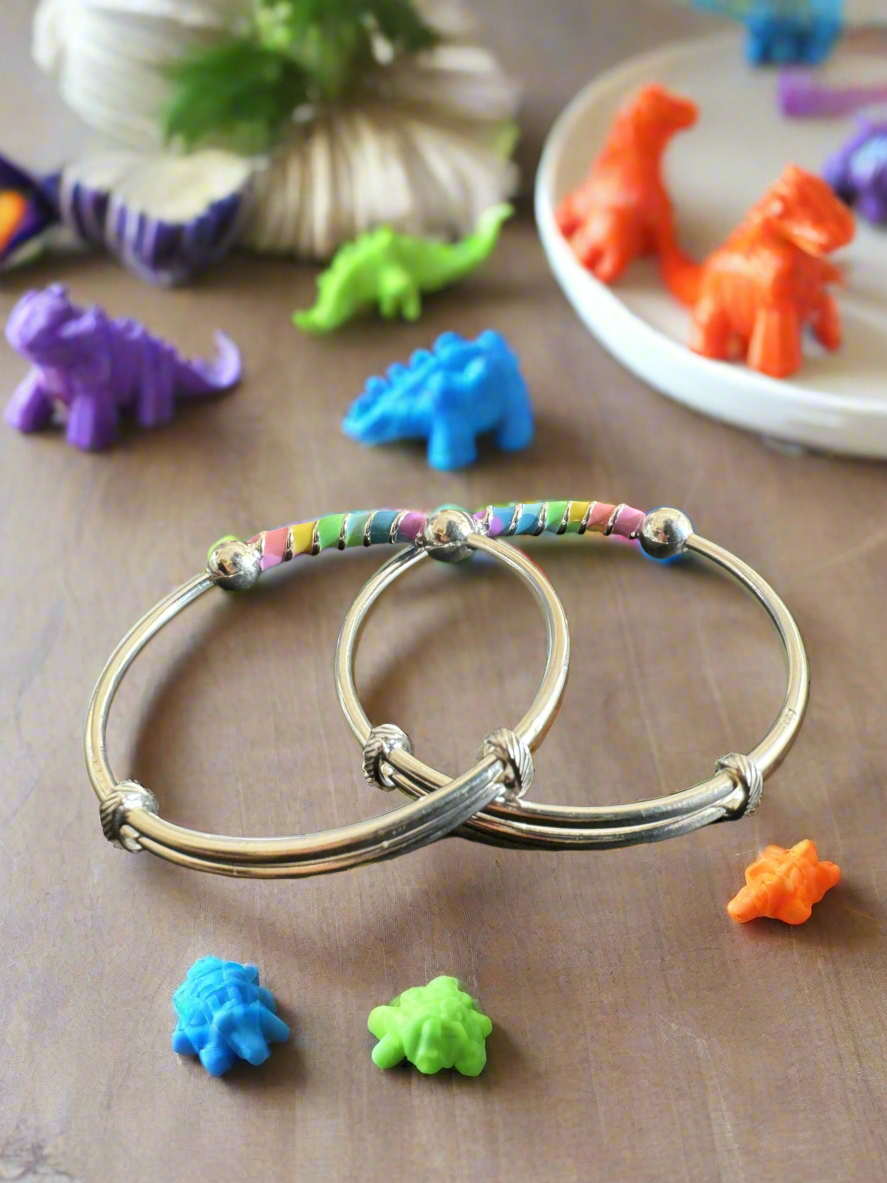 92.5 Silver Flexible Size Rainbow Bangles Set for Kids