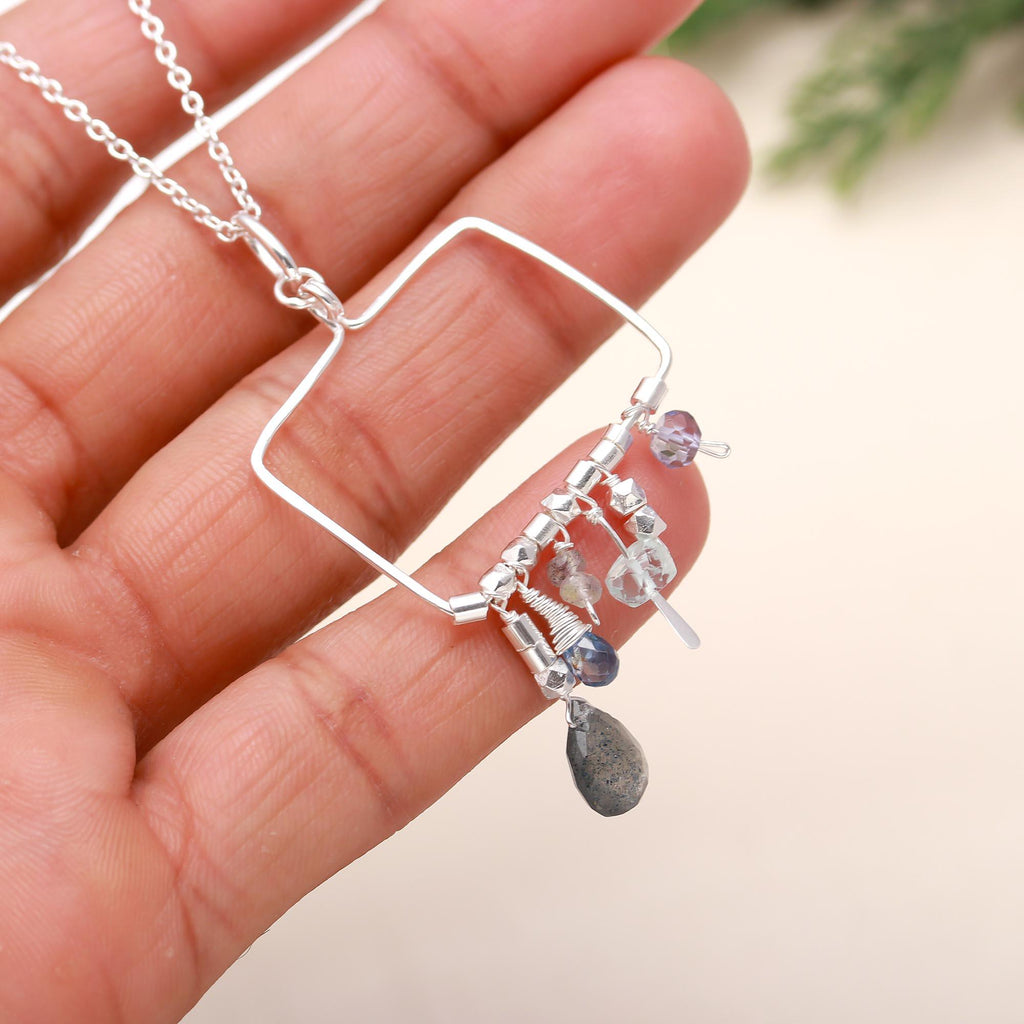 92.5 Silver Rectangle Hoop Pendant with Chain Necklace