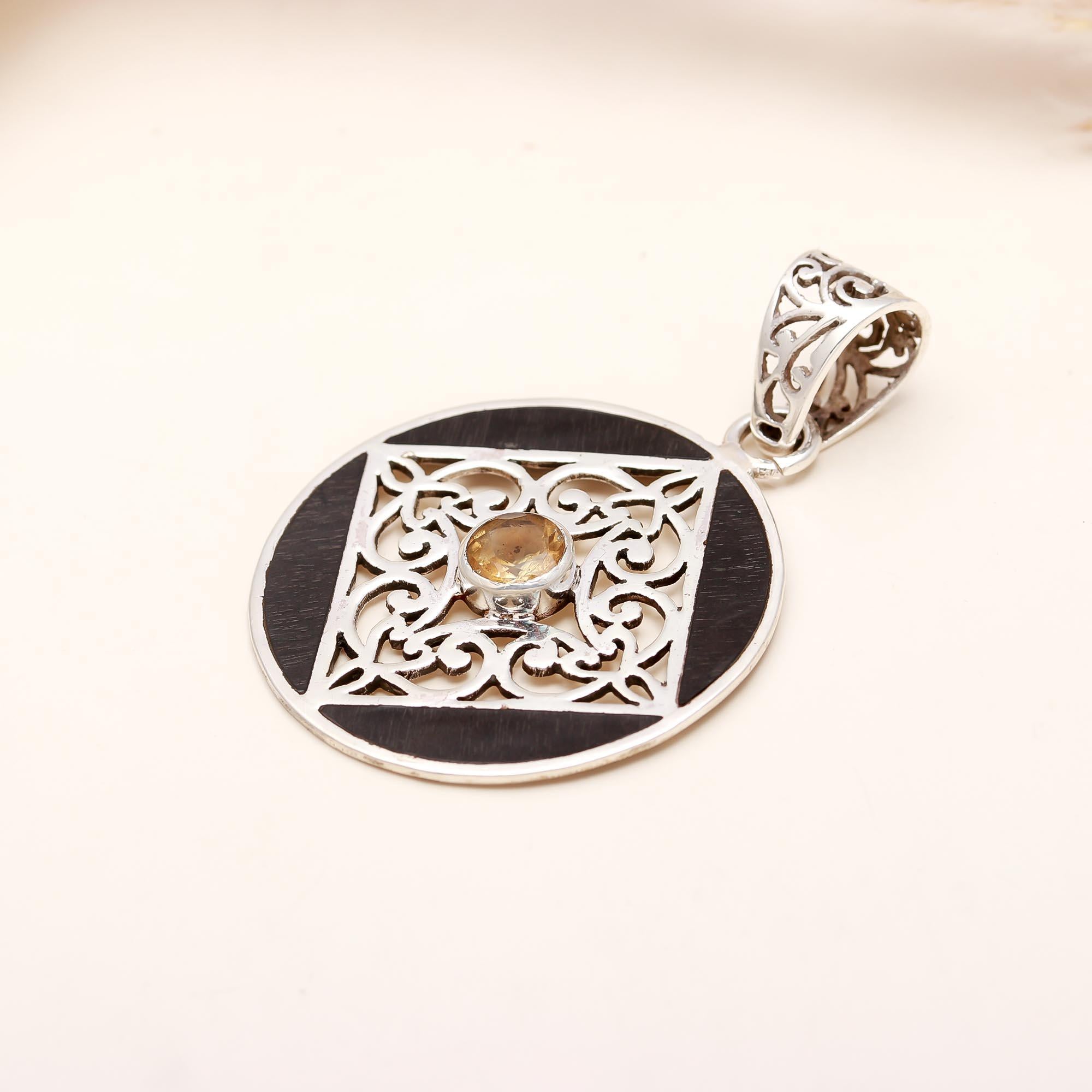 92.5 Silver Ebony Wood Round Pendant