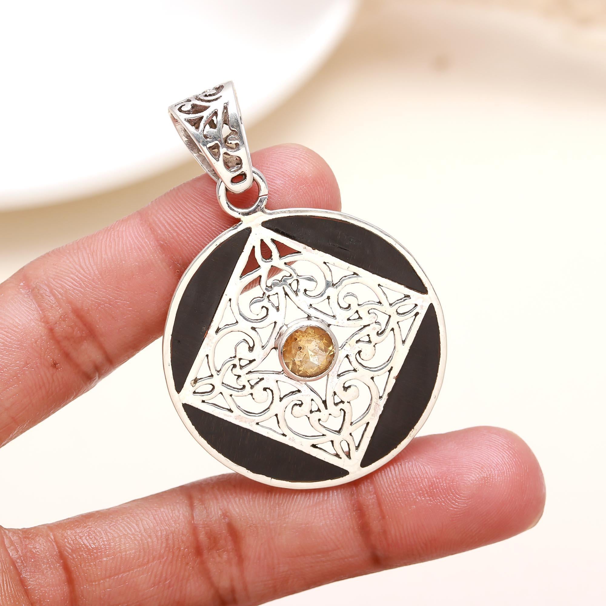 92.5 Silver Ebony Wood Round Pendant