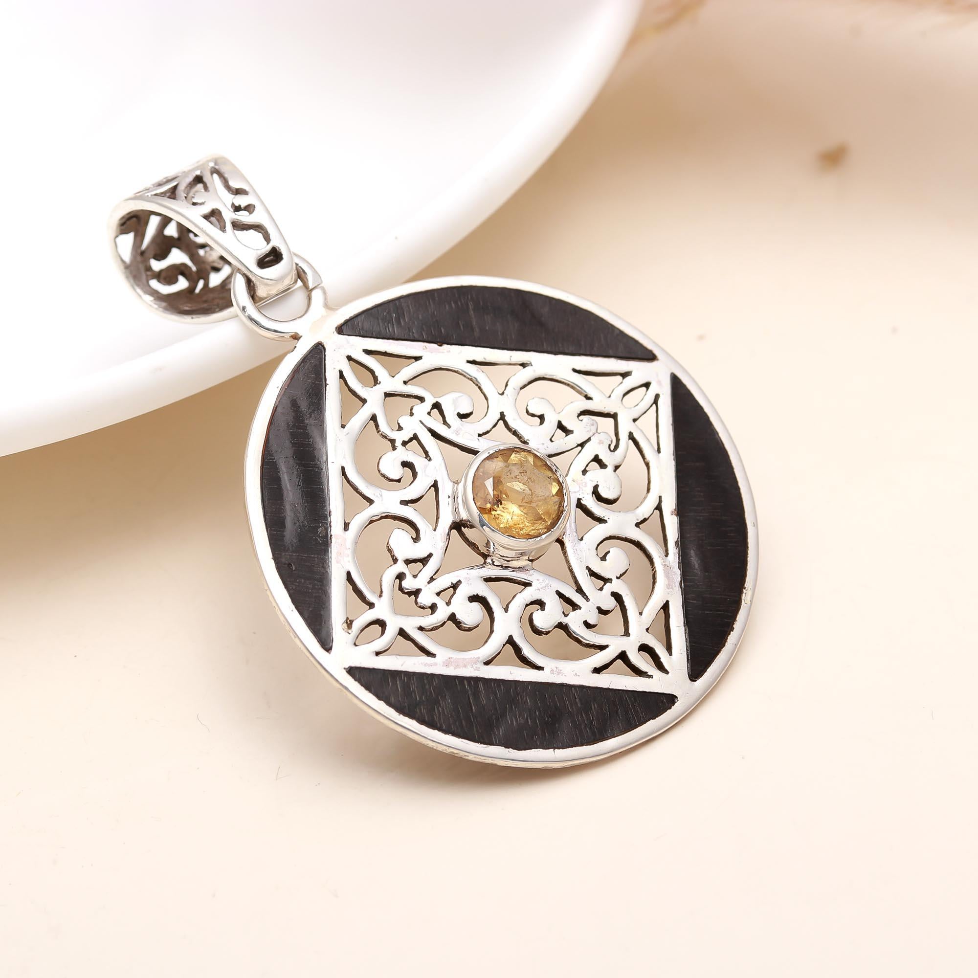 92.5 Silver Ebony Wood Round Pendant