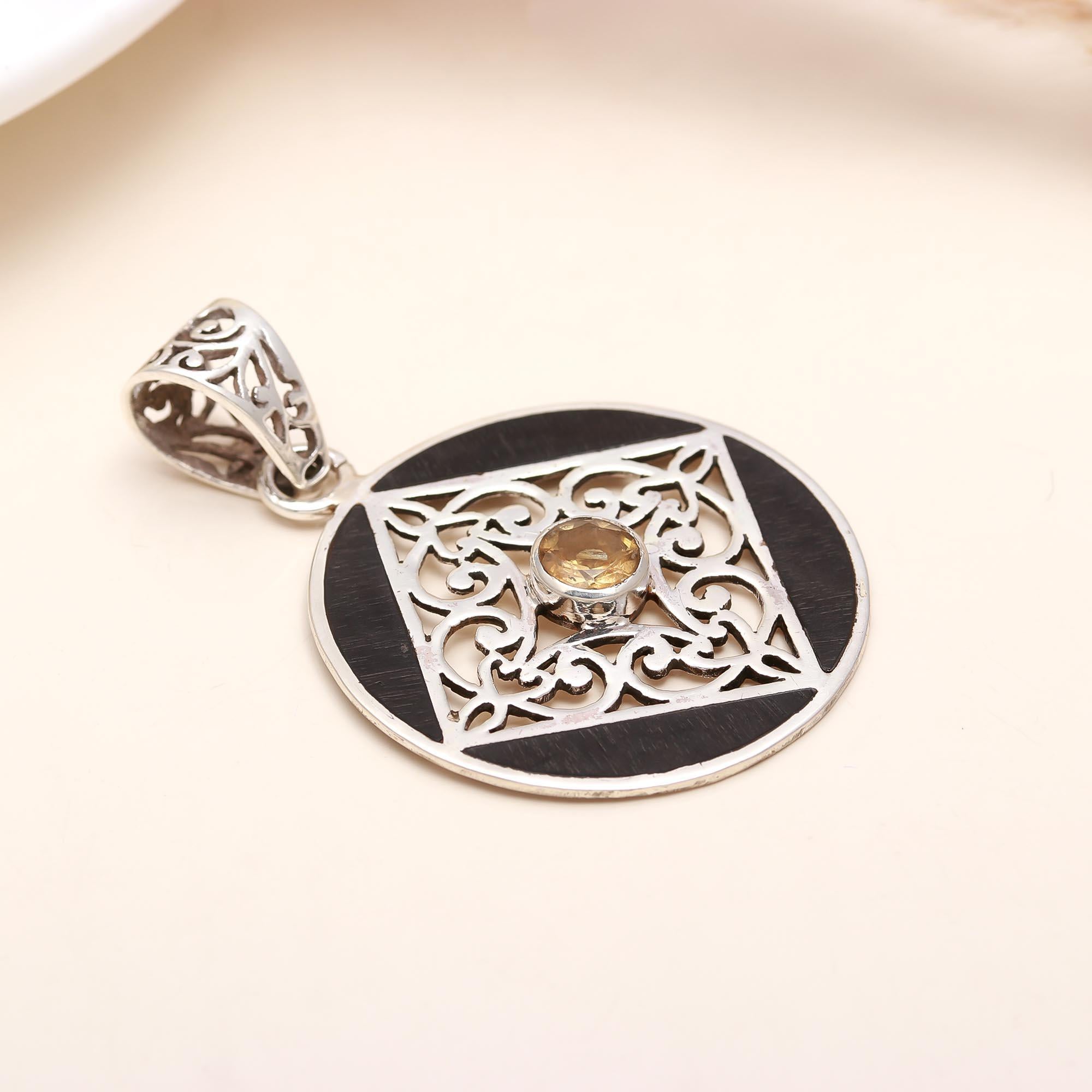 92.5 Silver Ebony Wood Round Pendant