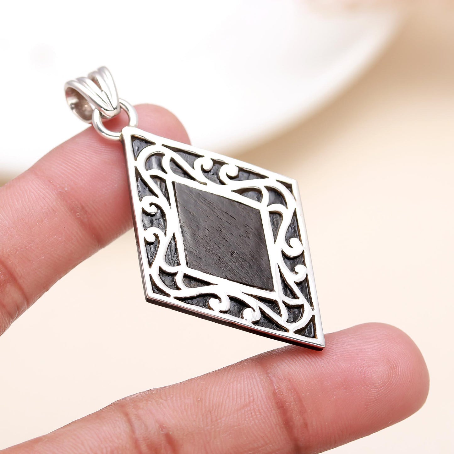 Silver 92.5 Ebony Wood Diamond Shaped Pendant