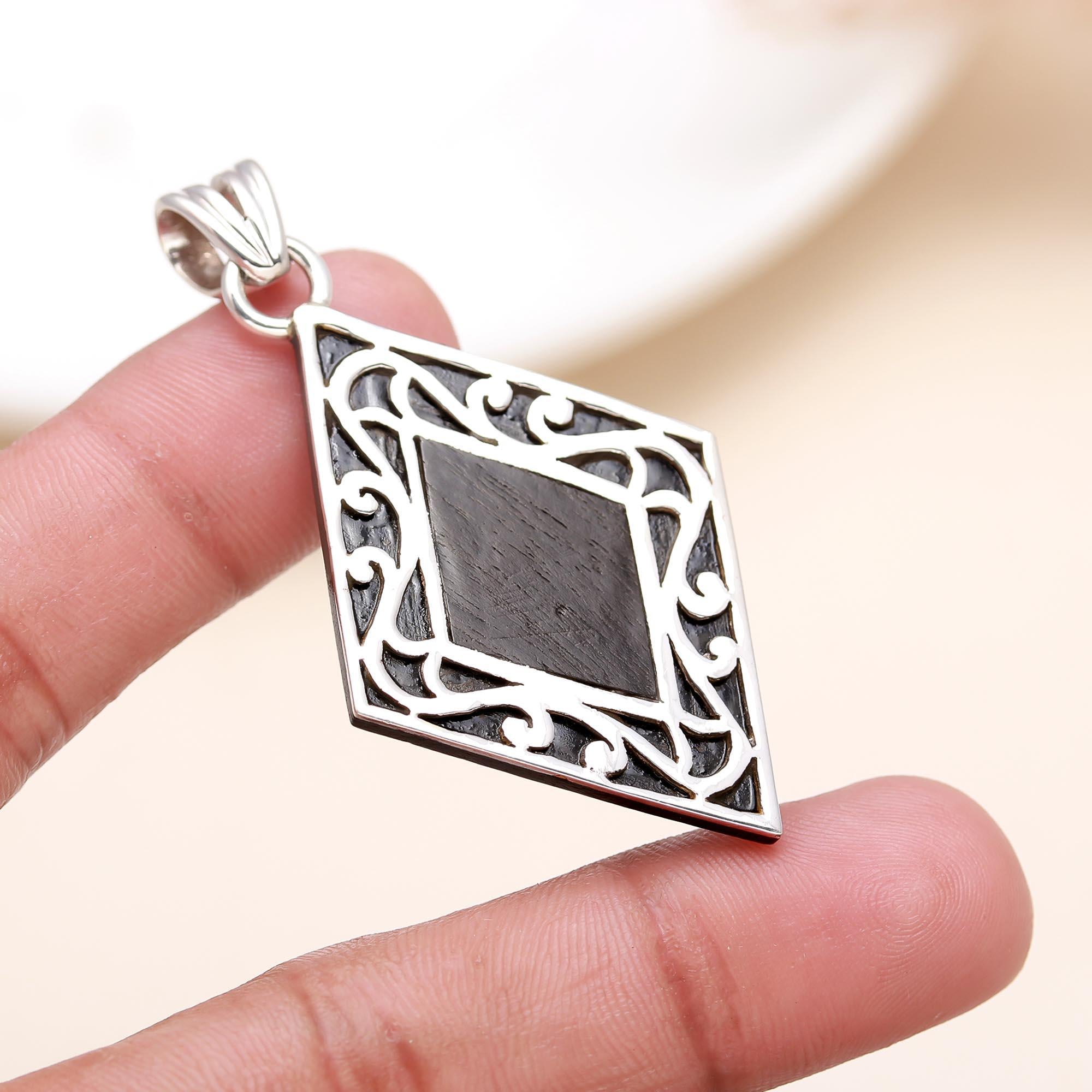 Silver 92.5 Ebony Wood Diamond Shaped Pendant