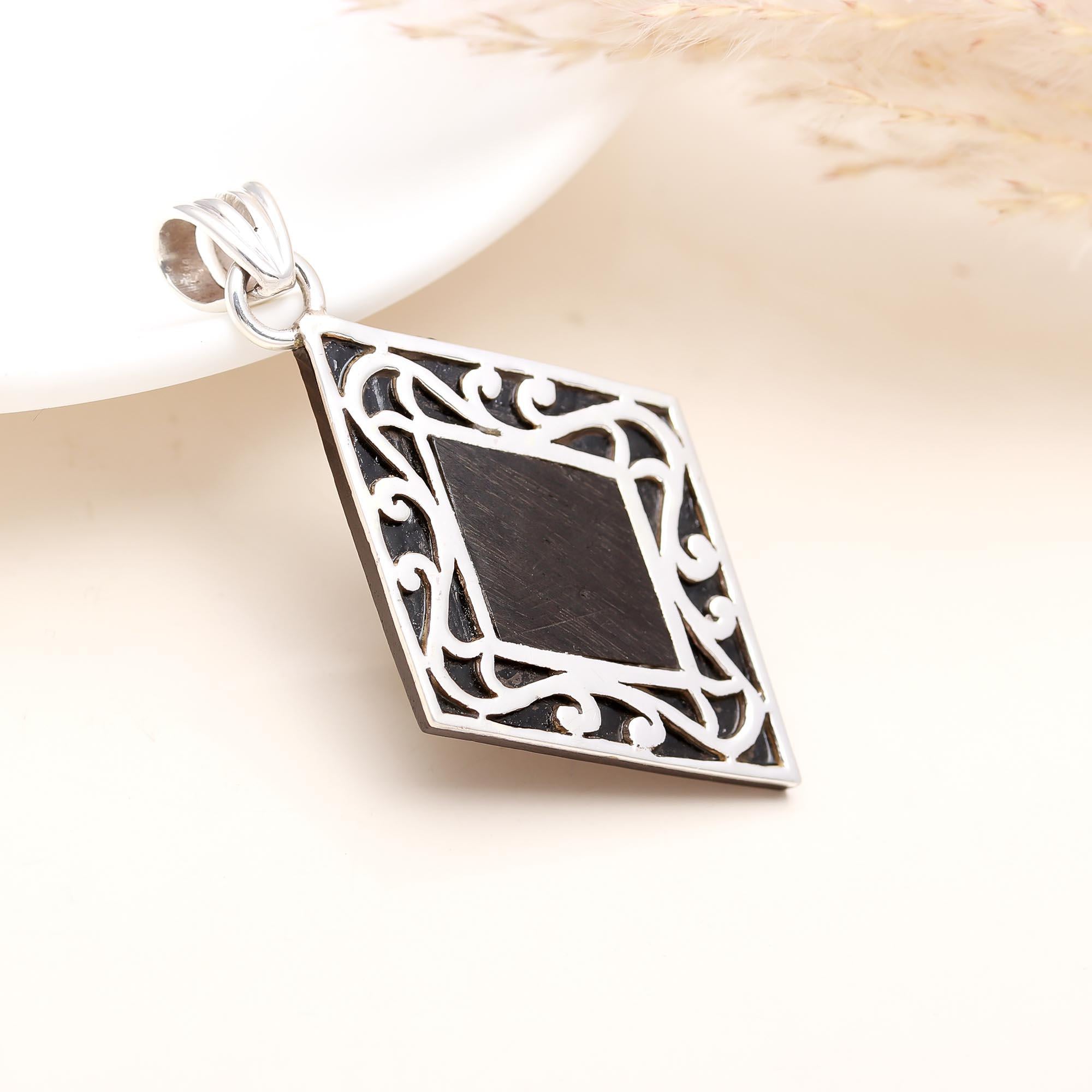 Silver 92.5 Ebony Wood Diamond Shaped Pendant