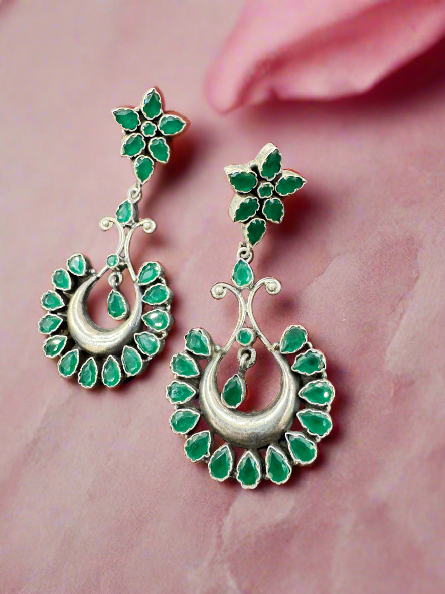 Silver Green Stones 92.5 Silver Hanging Earrings
