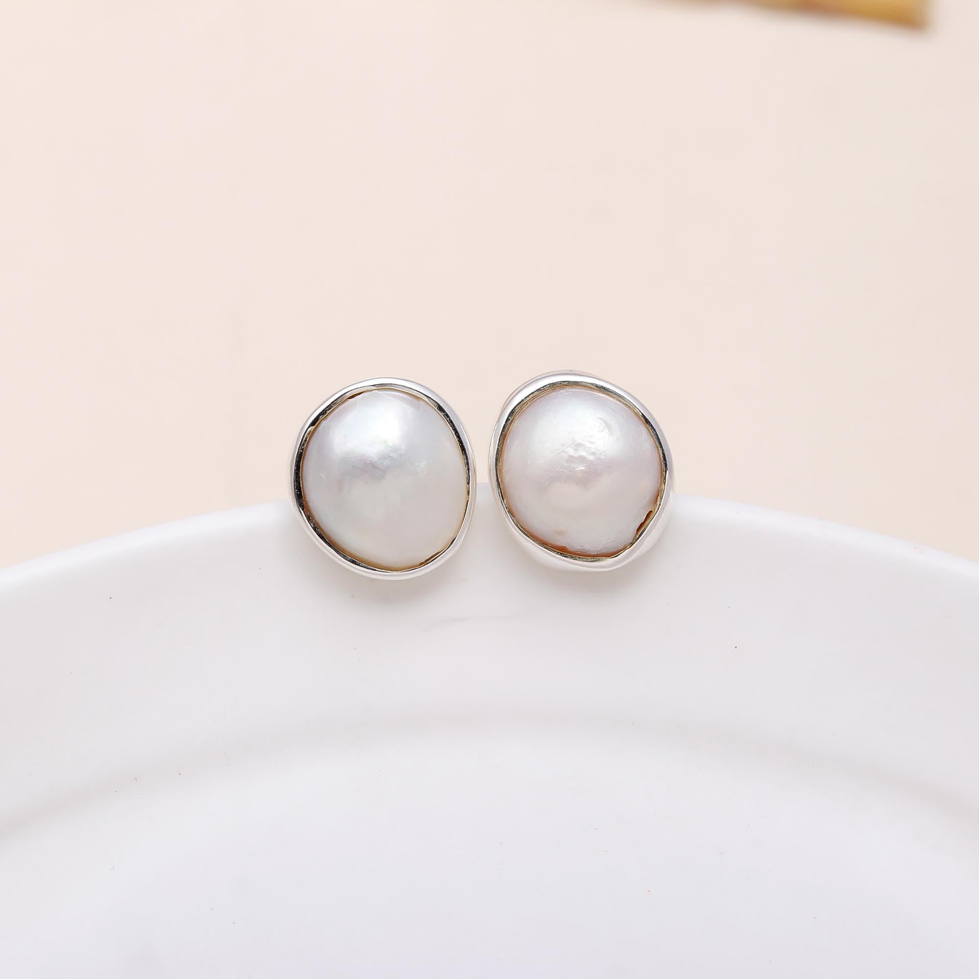92.5 Silver White Pearl Stud Earrings