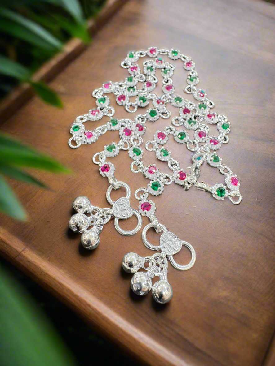 Pair Of 92.5 Silver Red and Green Stones Anklets