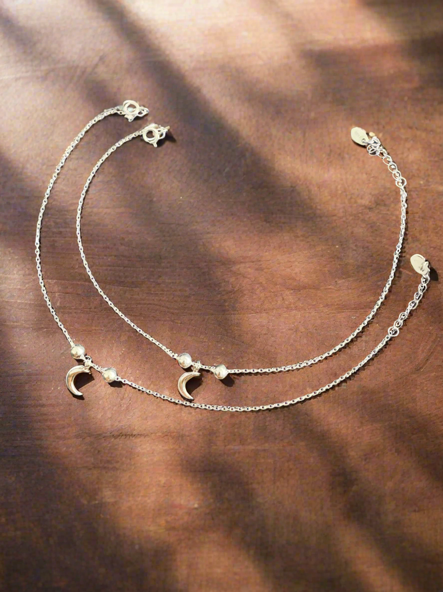 92.5 Silver Light Weight Anklets with Moon Charm