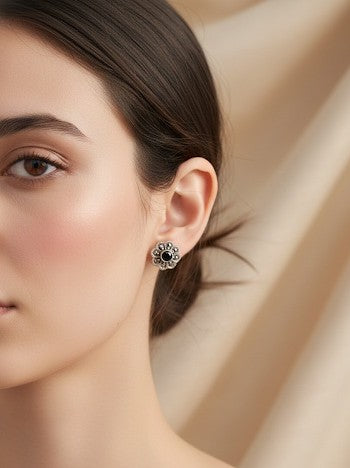 Flowery Black Onyx 92.5 Silver Marcasite Stud Earrings