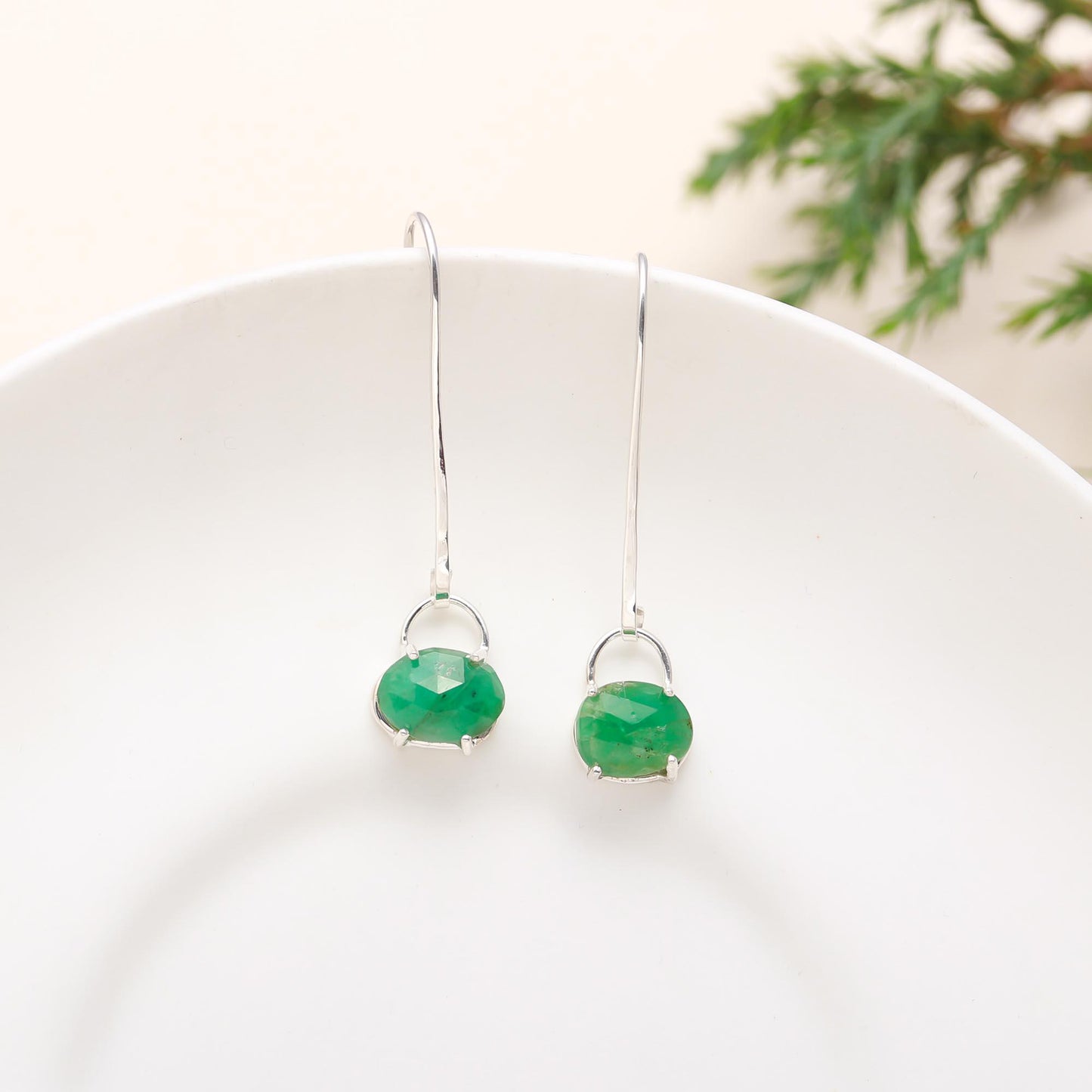92.5 Silver Emerald Hanging Earrings