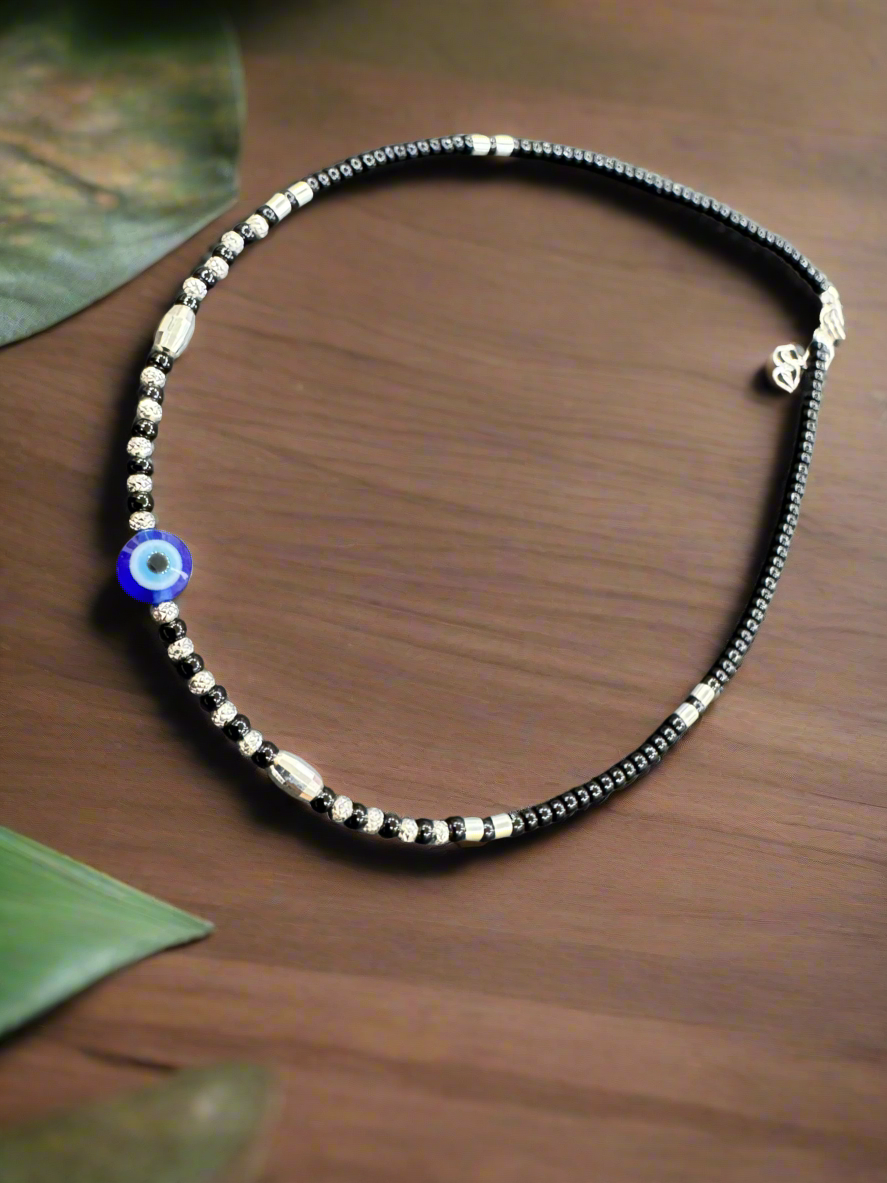 92.5 Silver Evil Eye Black String Light Weight Single Anklet