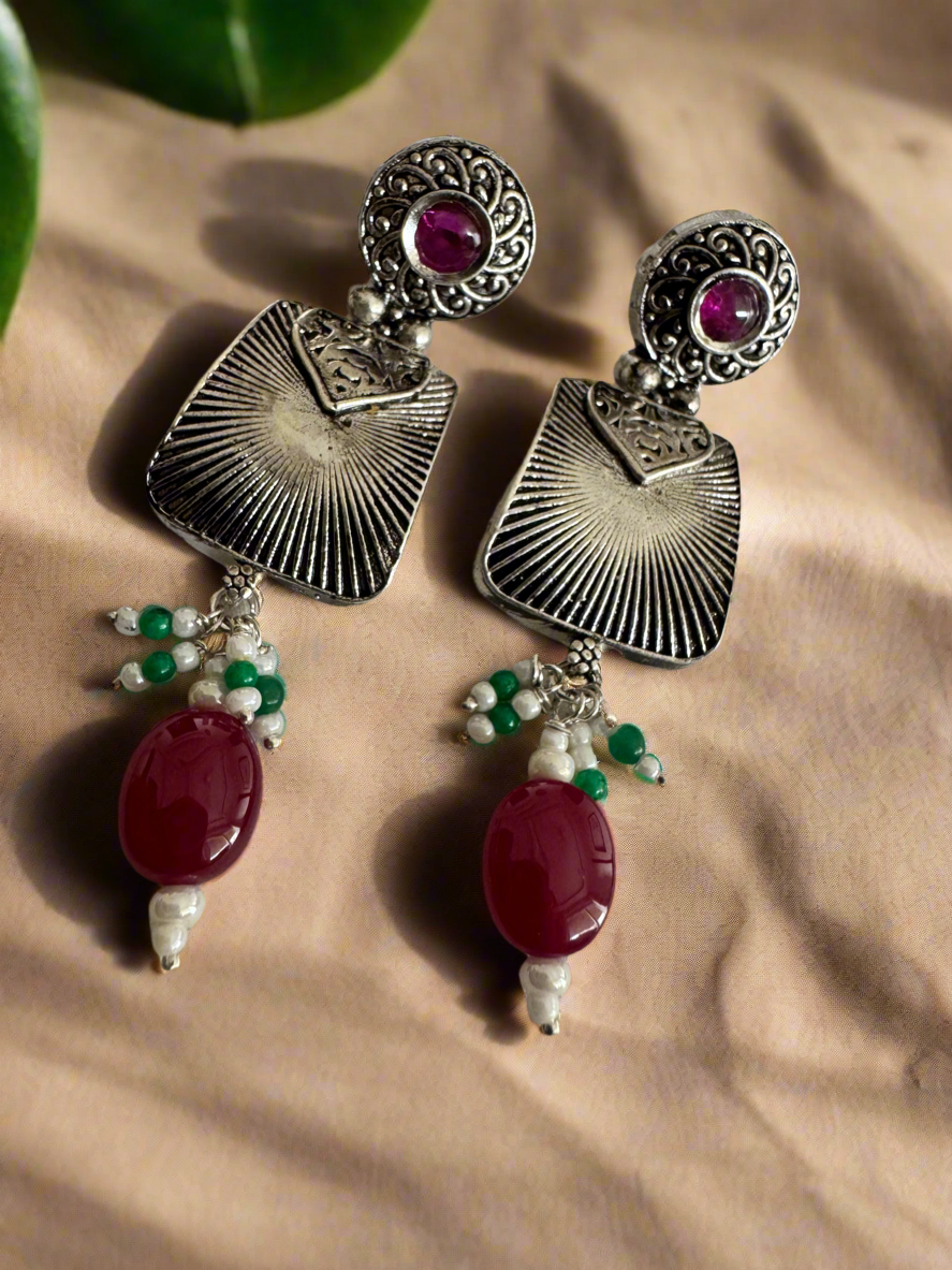 Antique 92.5 Silver Surya Trapezium Temple Earrings