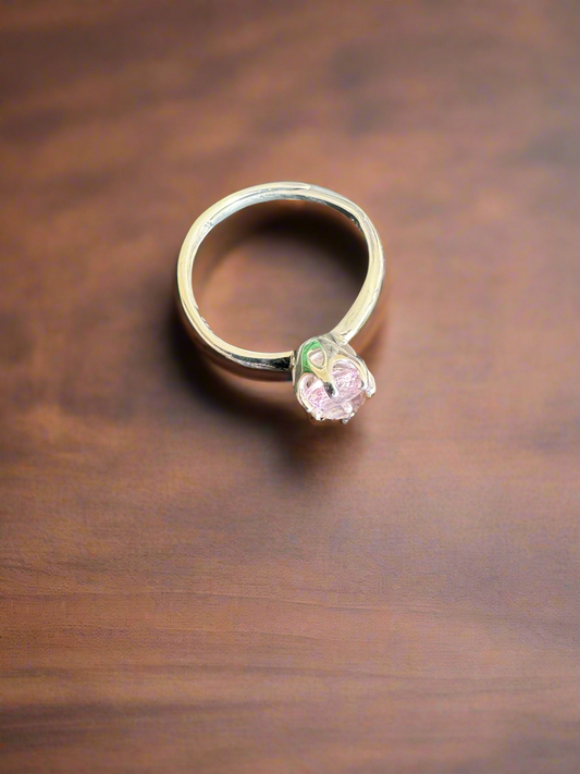 Silver Ring (size changing) with Pink Round Gem