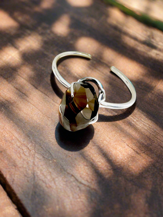 92.5 Silver Open Bracelet Cuff - Smoky Quartz