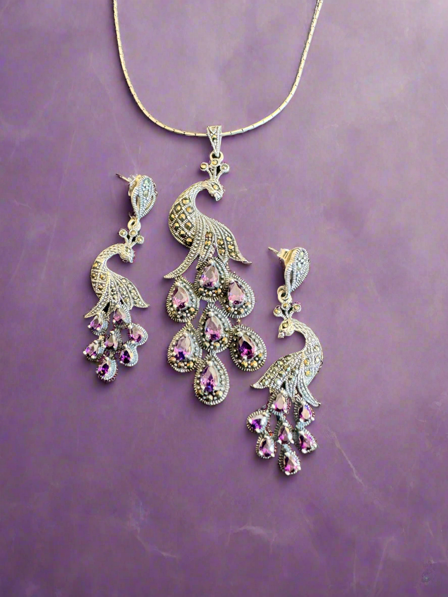 Oxidised Look Peacock Necklace Set 92.5 Silver