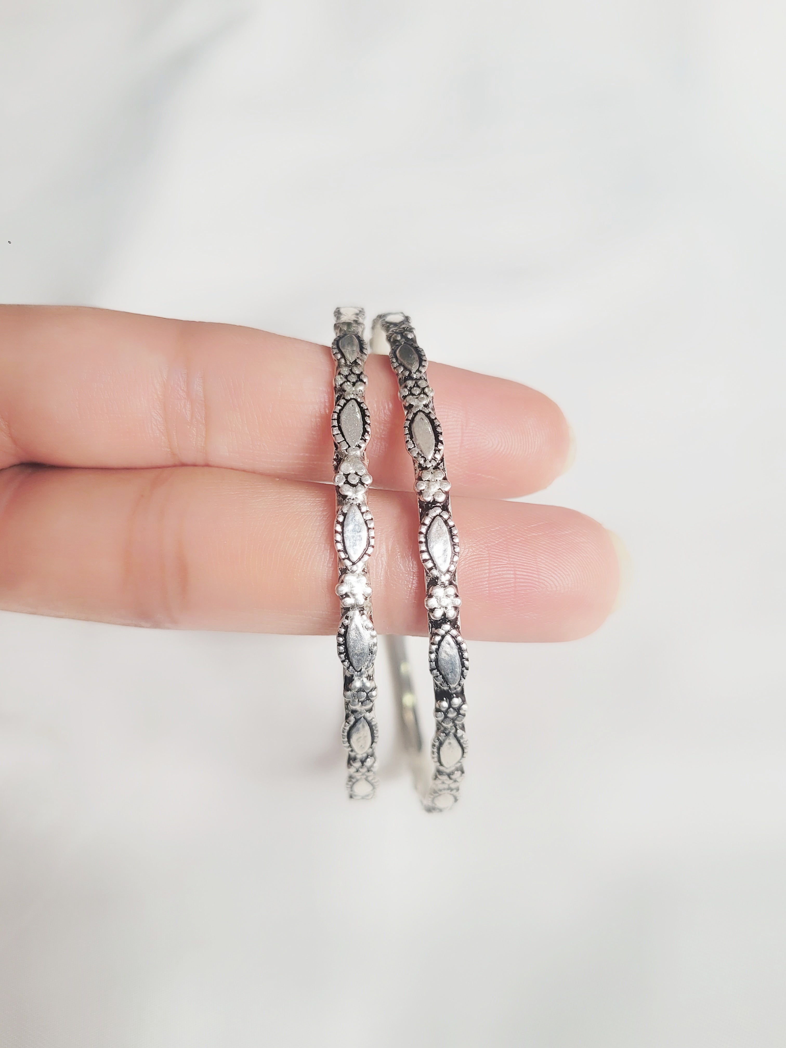Antique Floral 92.5 Silver Bangles - Pair