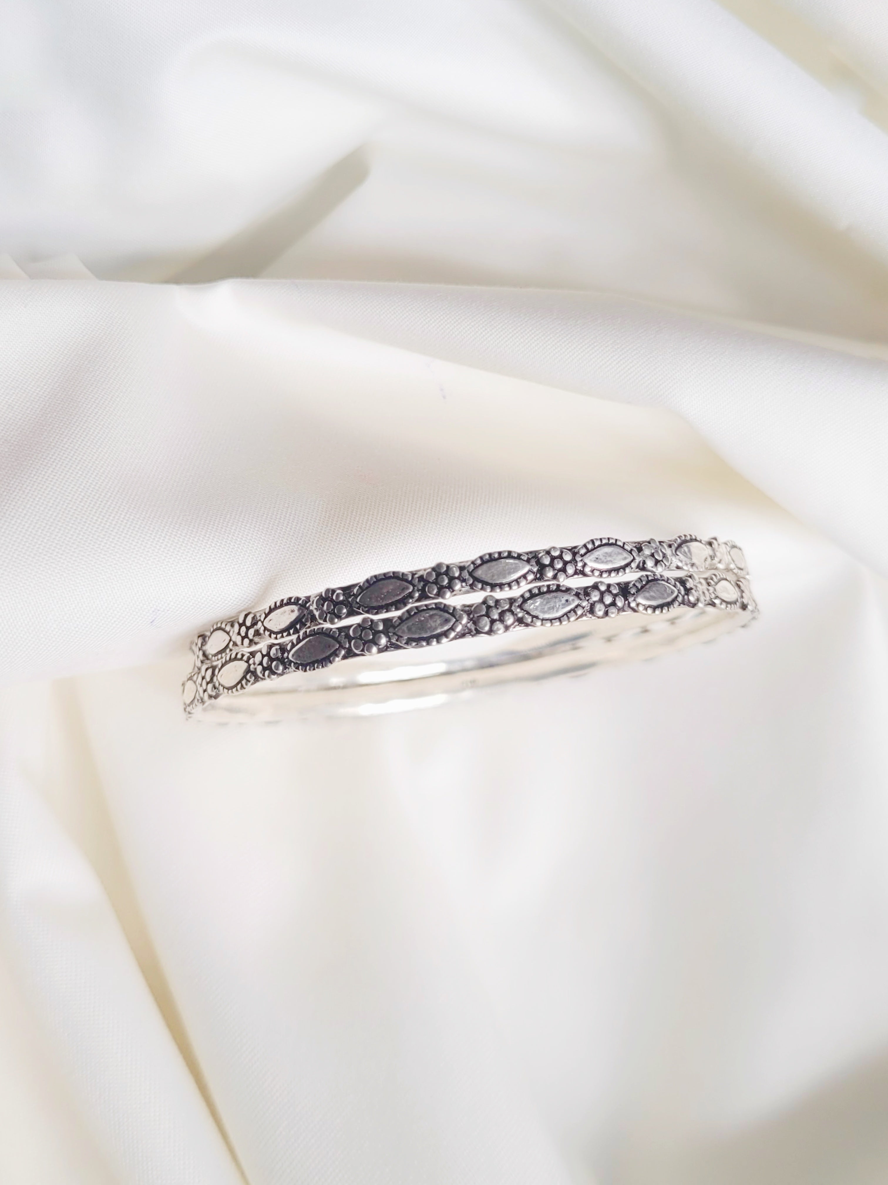 Antique Floral 92.5 Silver Bangles - Pair