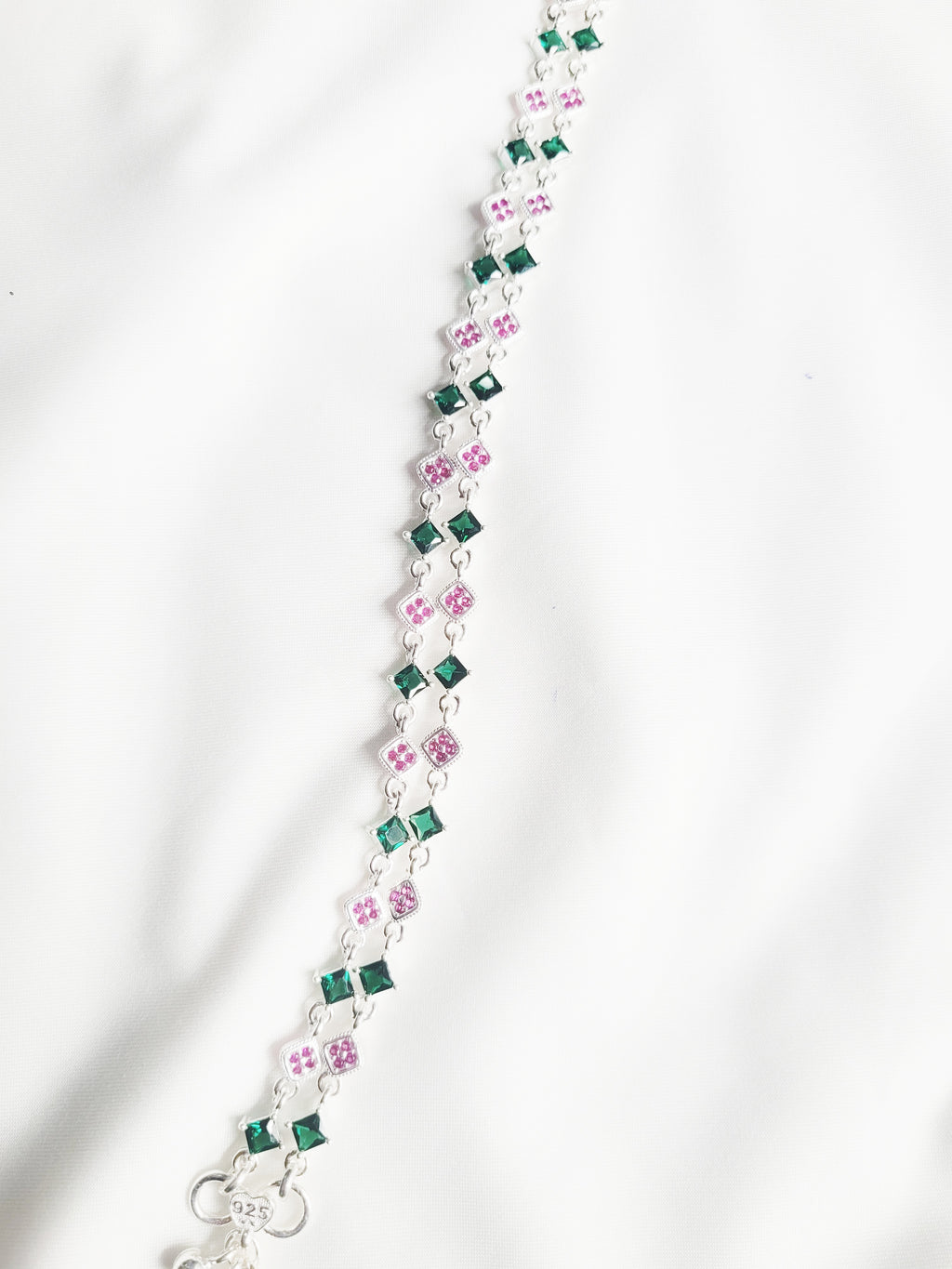 92.5 Silver Floral Charm Anklets With Green And Pink Stones - Pair