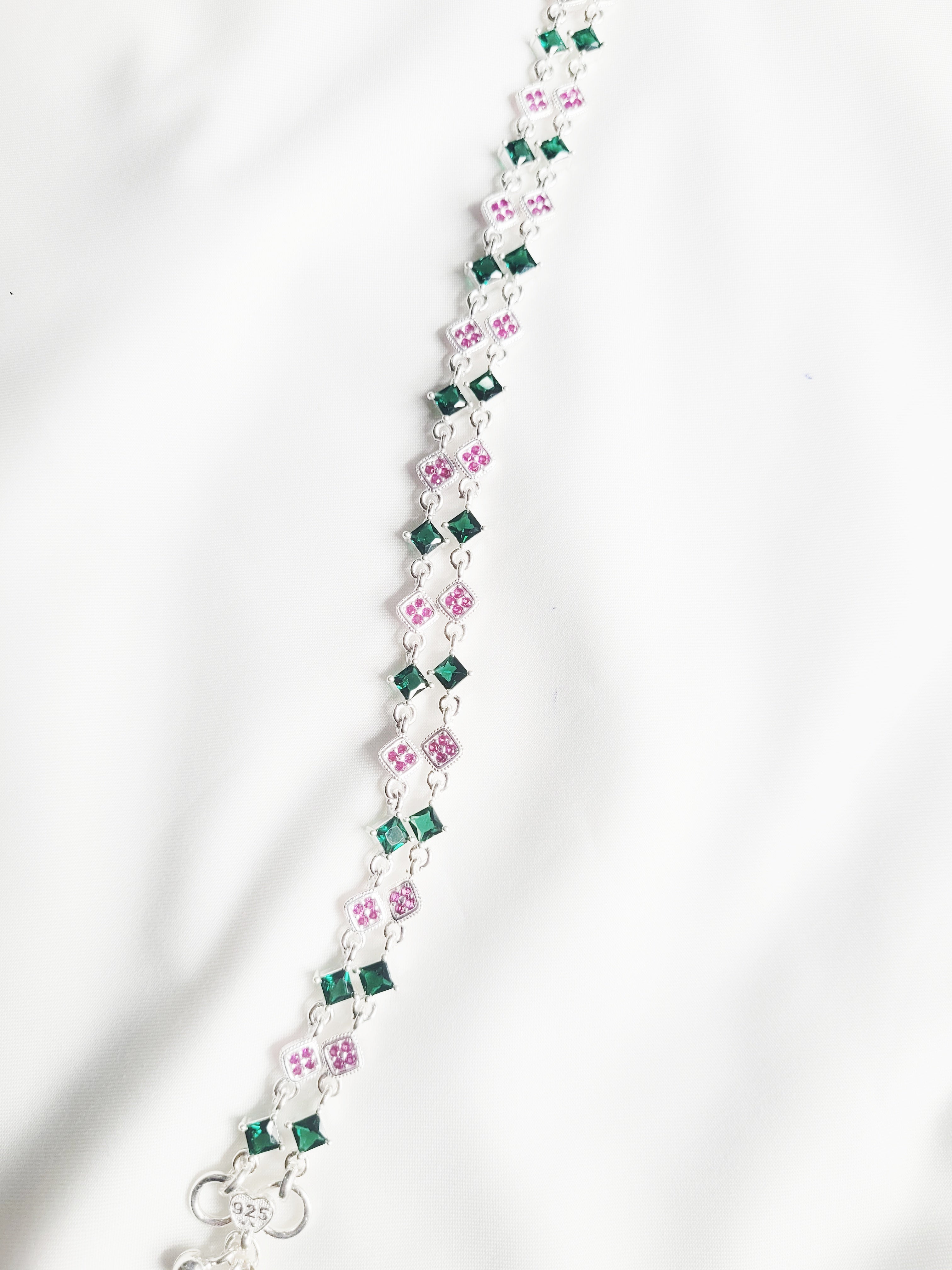 92.5 Silver Floral Charm Anklets With Green And Pink Stones - Pair