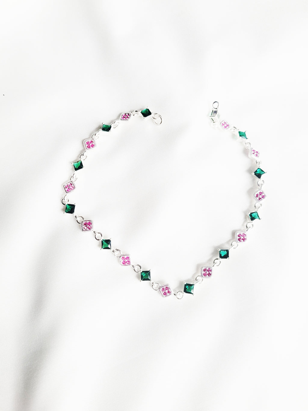 92.5 Silver Floral Charm Anklets With Green And Pink Stones - Pair