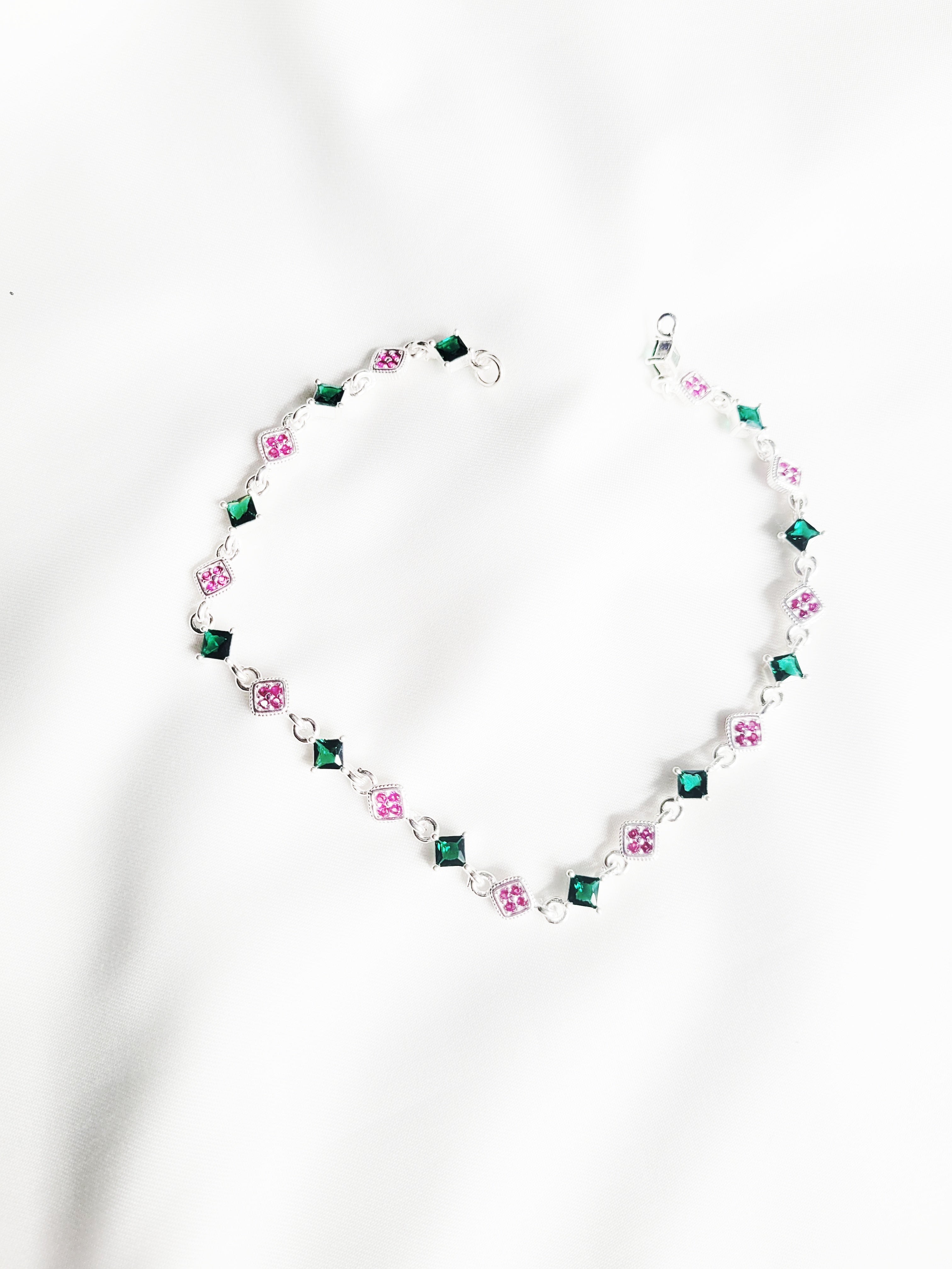92.5 Silver Floral Charm Anklets With Green And Pink Stones - Pair