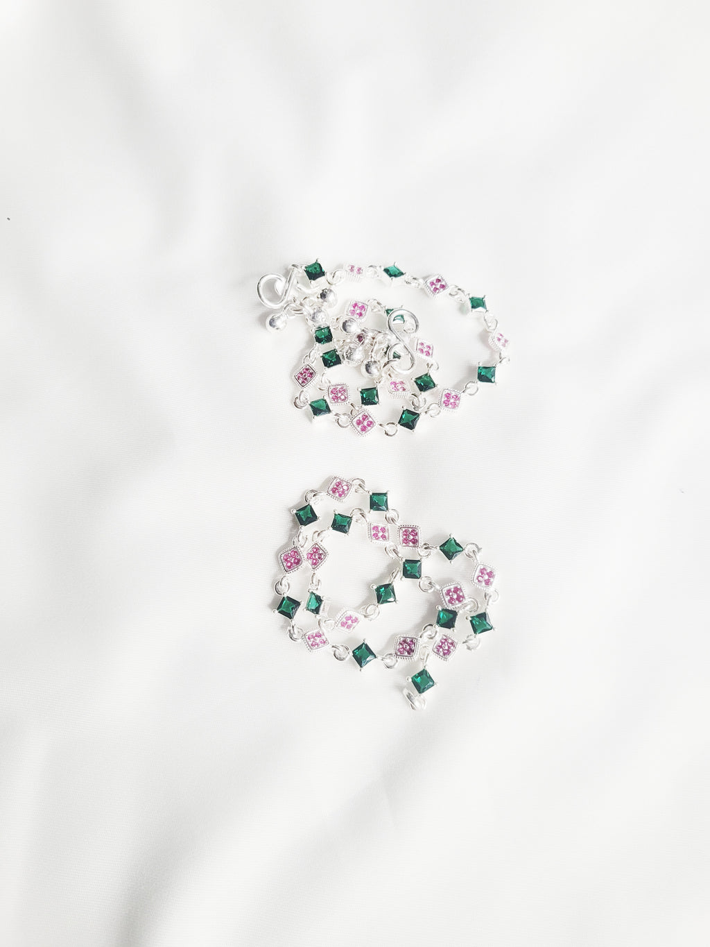 92.5 Silver Floral Charm Anklets With Green And Pink Stones - Pair