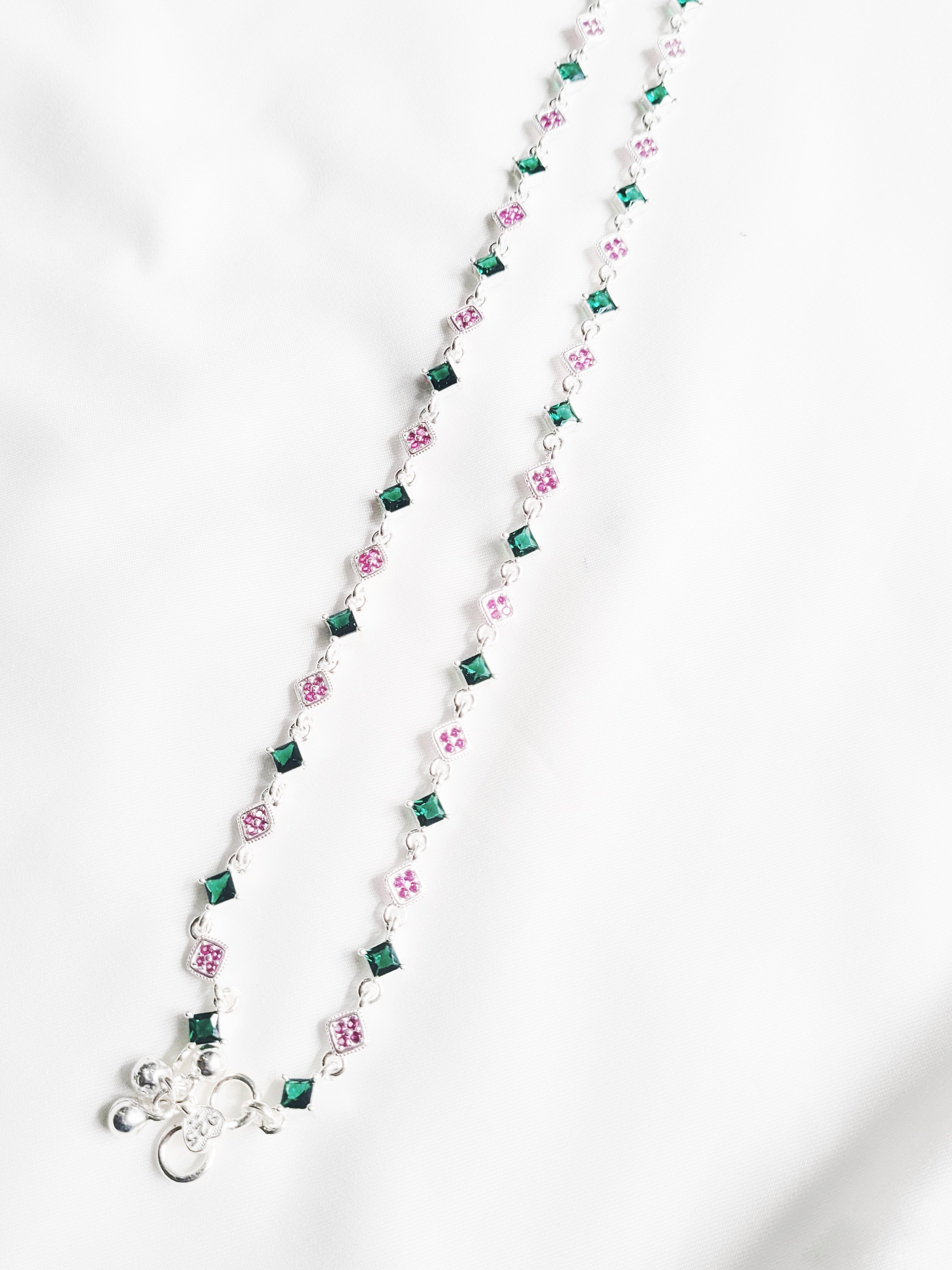 92.5 Silver Floral Charm Anklets With Green And Pink Stones - Pair