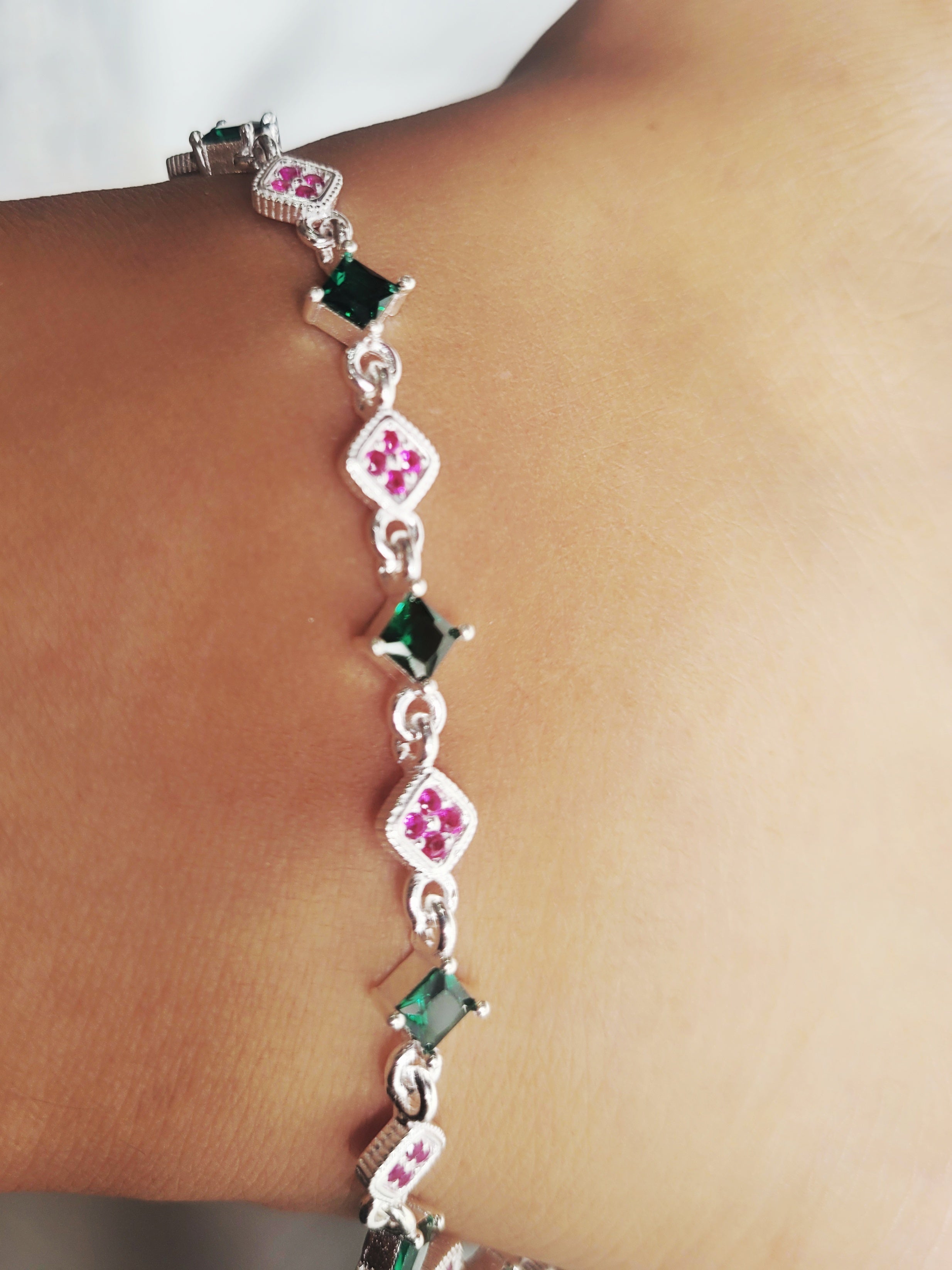 92.5 Silver Floral Charm Anklets With Green And Pink Stones - Pair