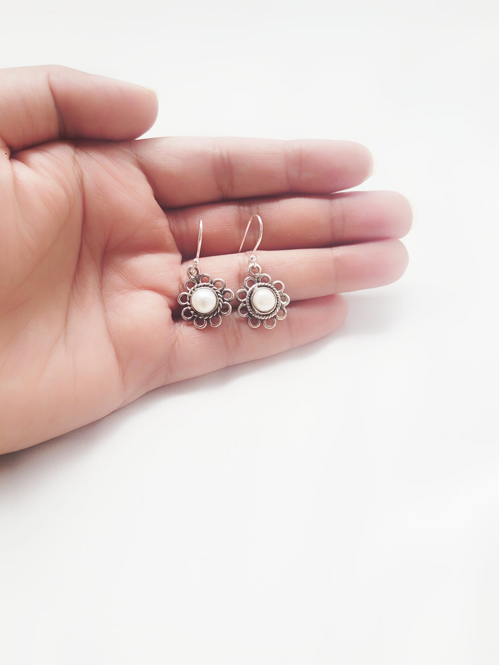 92.5 Silver Pearl Phool 92.5 Drops Earrings- Handcrafted
