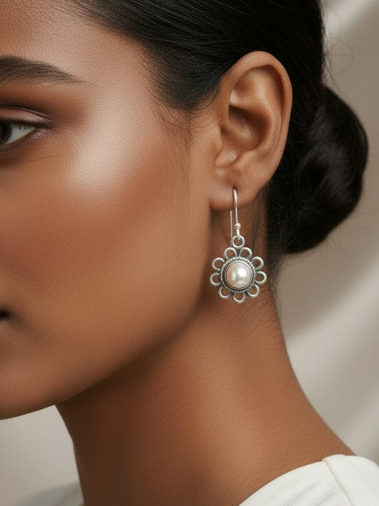 925 Silver Pearl Phool Drops Earrings- Handcrafted