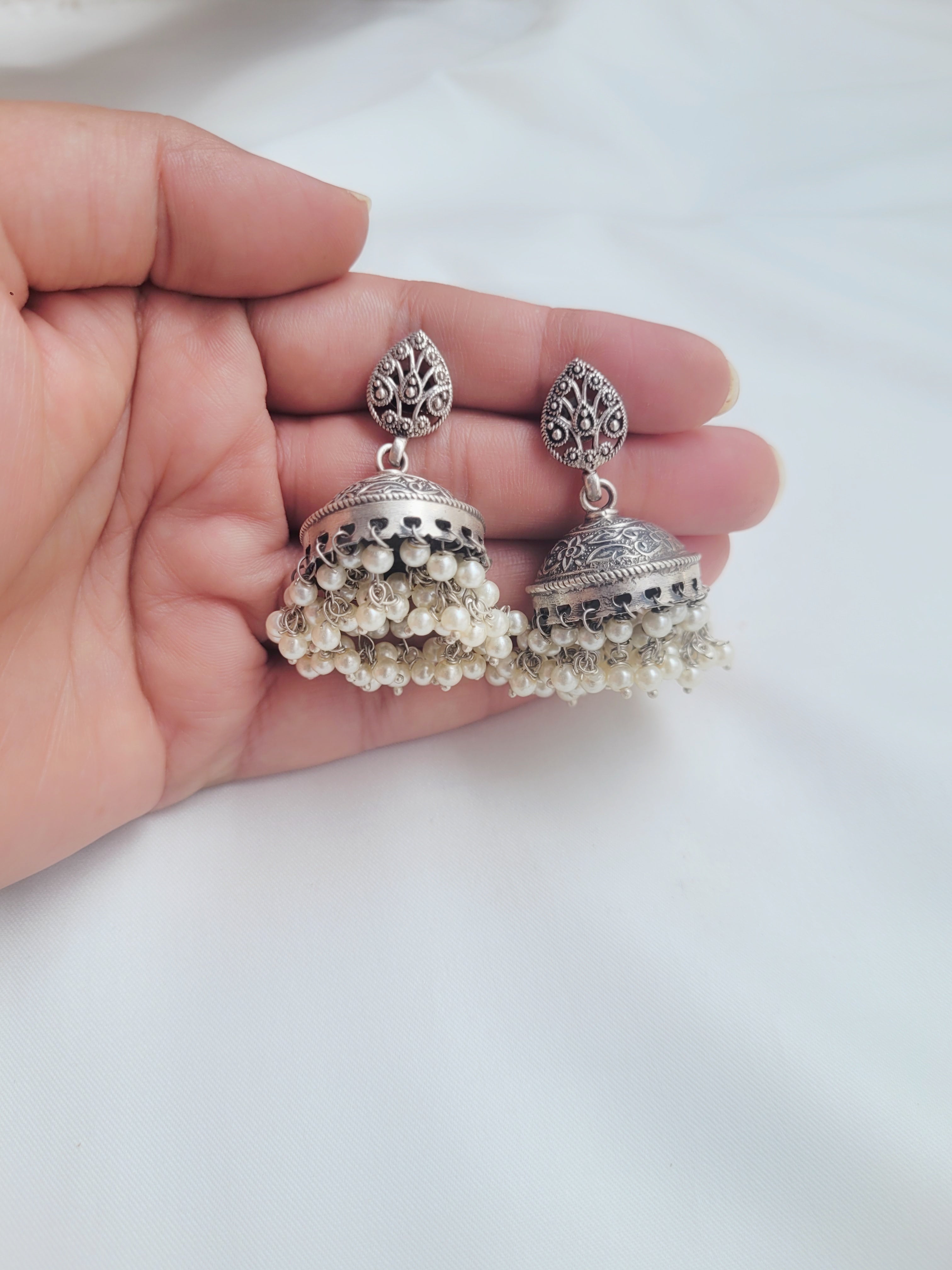 92.5 Silver Paisley Jhumka Earrings With Pearls