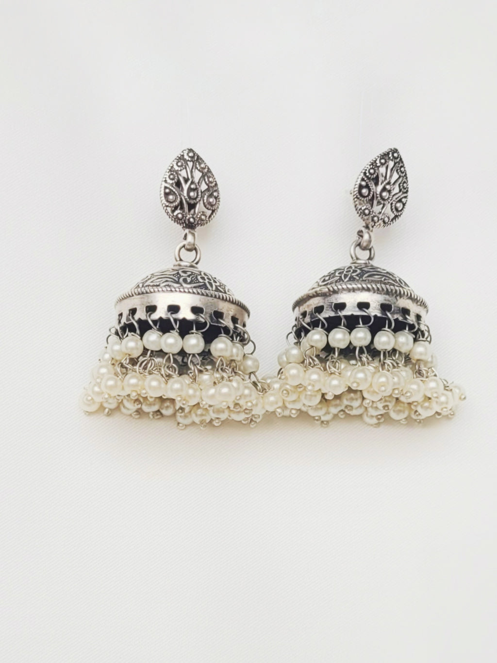 92.5 Silver Paisley Jhumka Earrings With Pearls