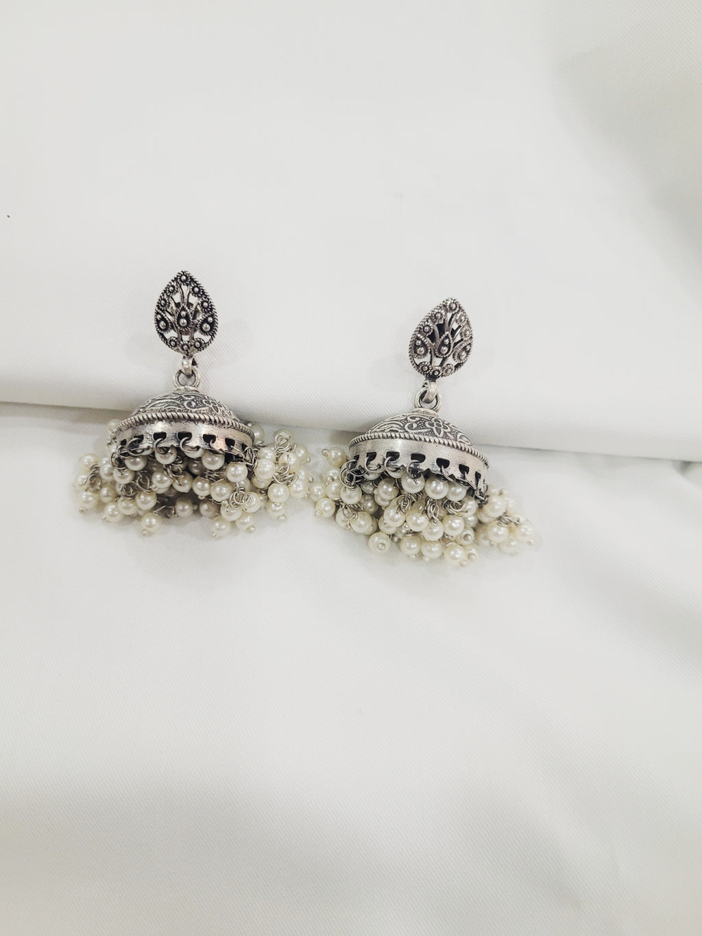 92.5 Silver Paisley Jhumka Earrings With Pearls
