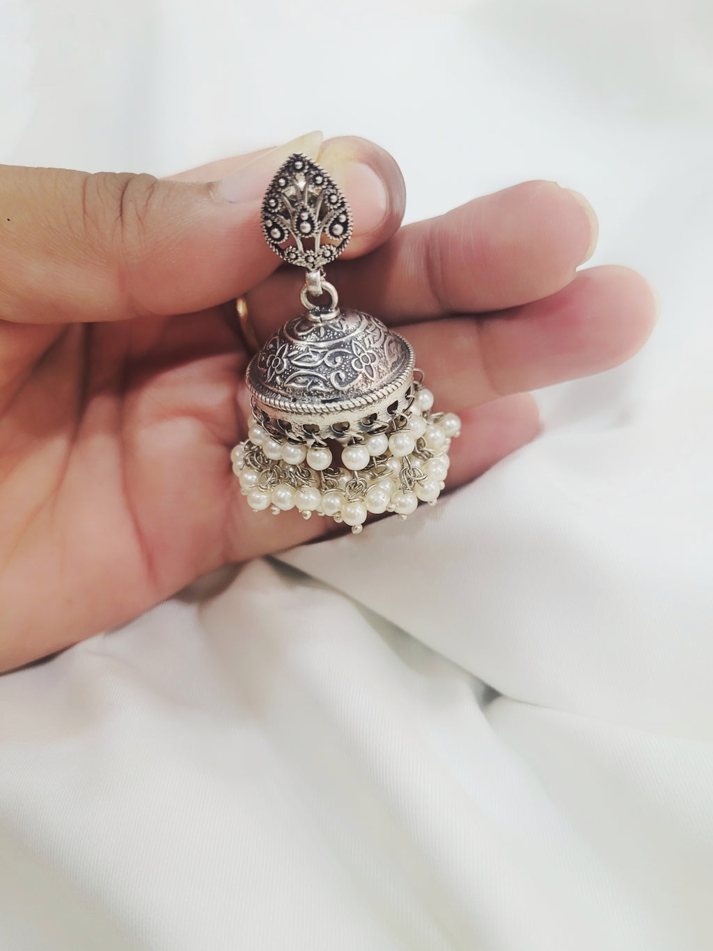 92.5 Silver Paisley Jhumka Earrings With Pearls