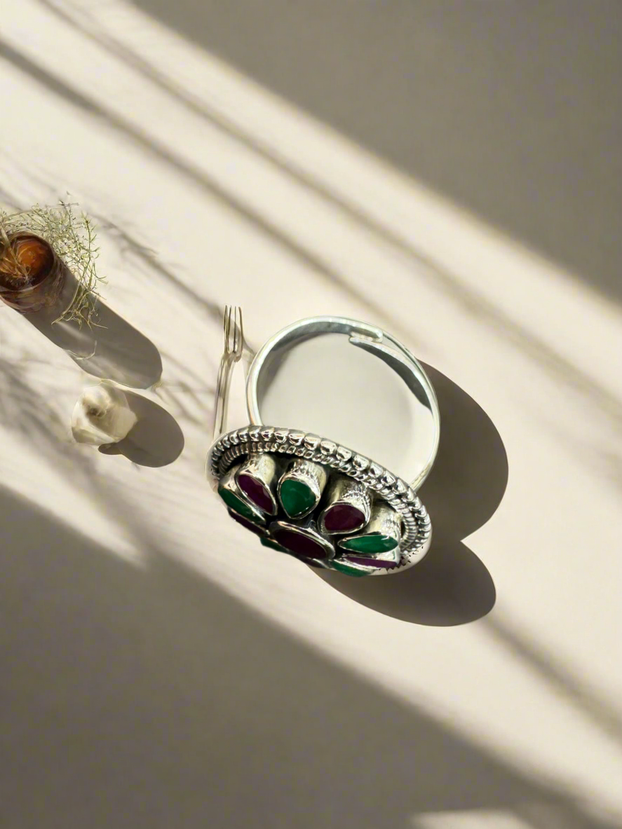 92.5 Silver Pink Green Round Stone Ring (Adjustable Size)