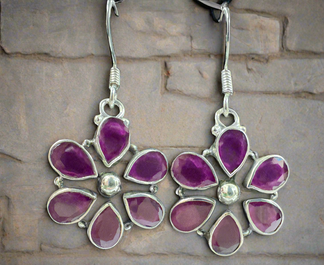 Silver Dark Pink Hanging Earrings