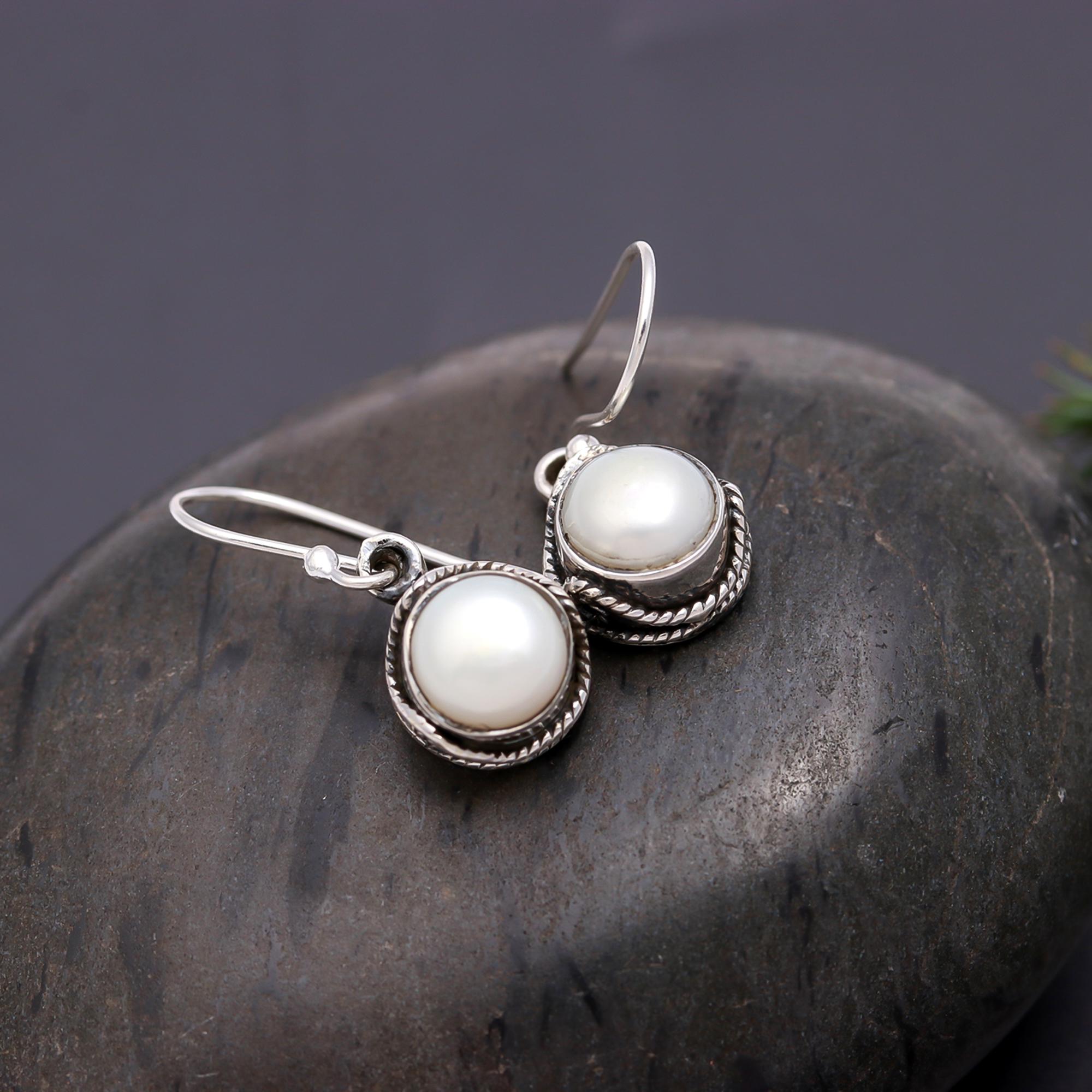 92.5 Silver White Pearl Classic Hanging Earrings