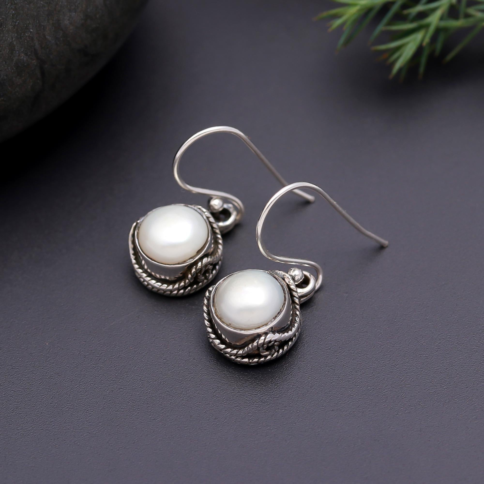 92.5 Silver White Pearl Classic Hanging Earrings