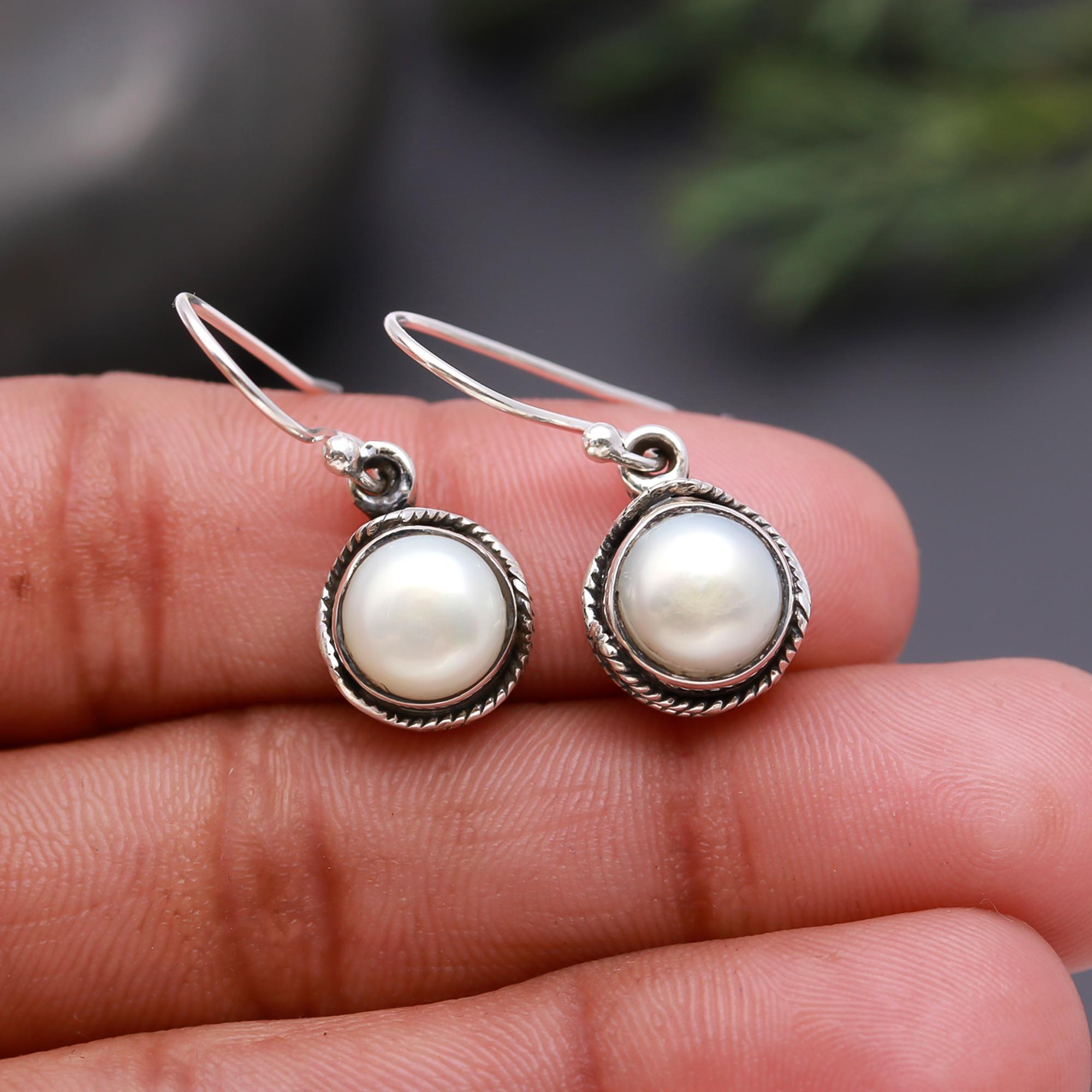 92.5 Silver White Pearl Classic Hanging Earrings