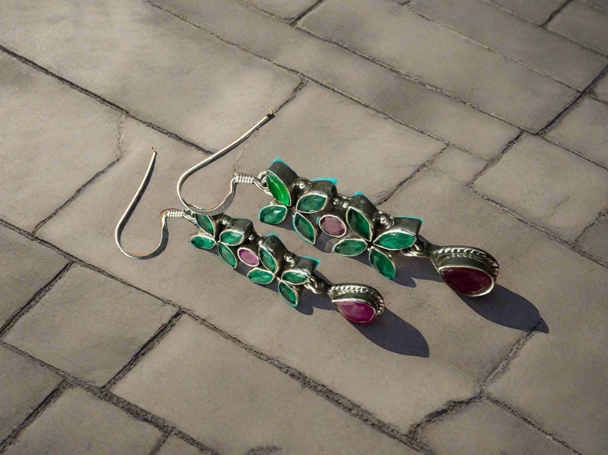 Silver Red Green Hanging Earrings