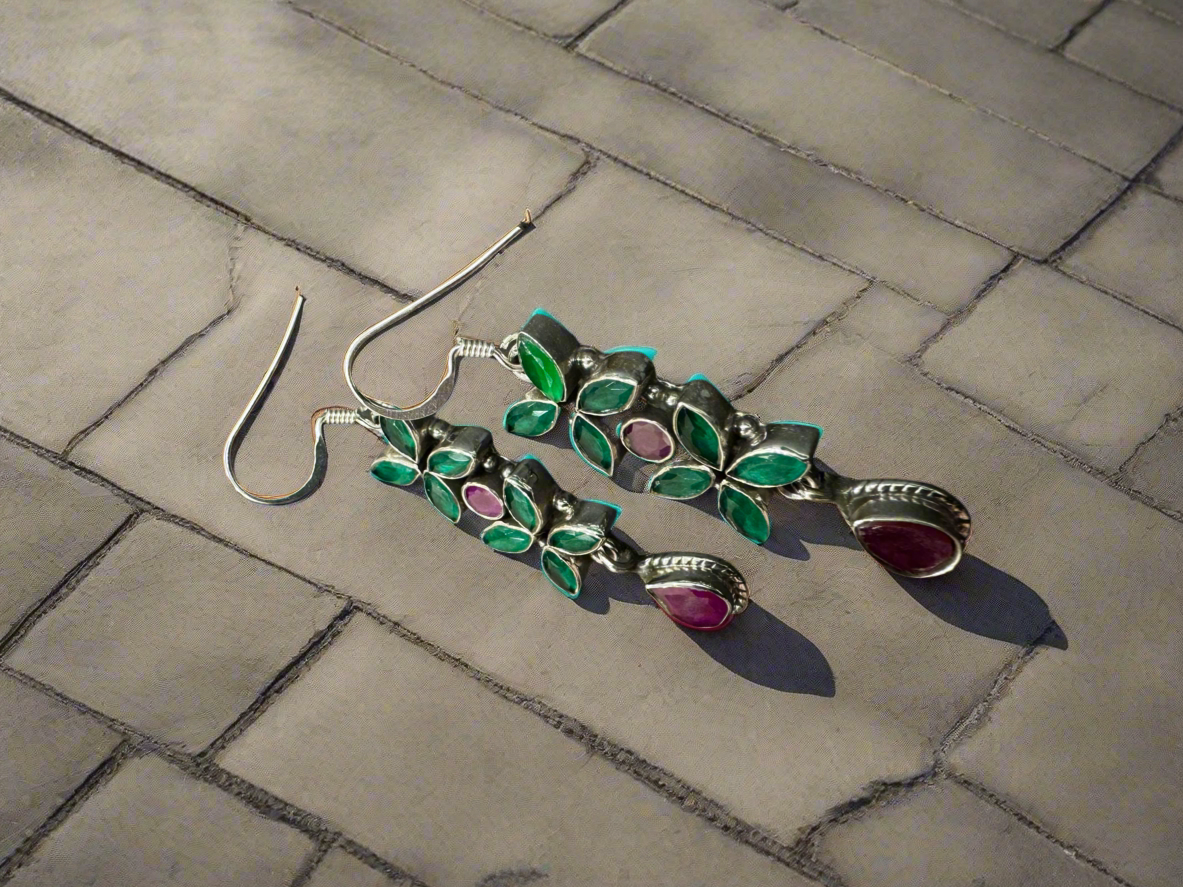 Silver 92.5 Red Green Hanging Earrings