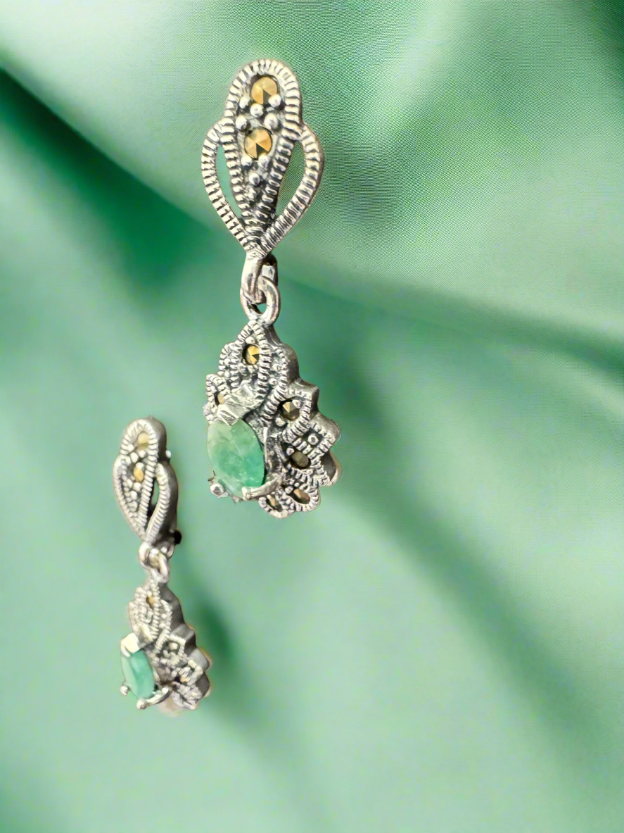 92.5 Silver Green Stone Earrings