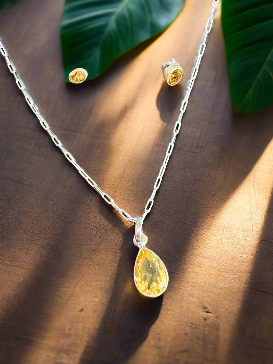 92.5 Silver Citrine Stone Minimalistic Necklace Set