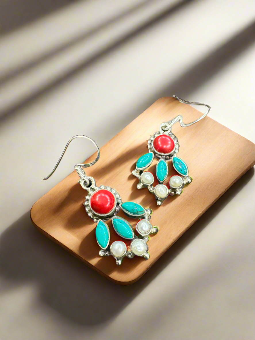 92.5 Silver Pearl Turquoise Red Hanging Earrings